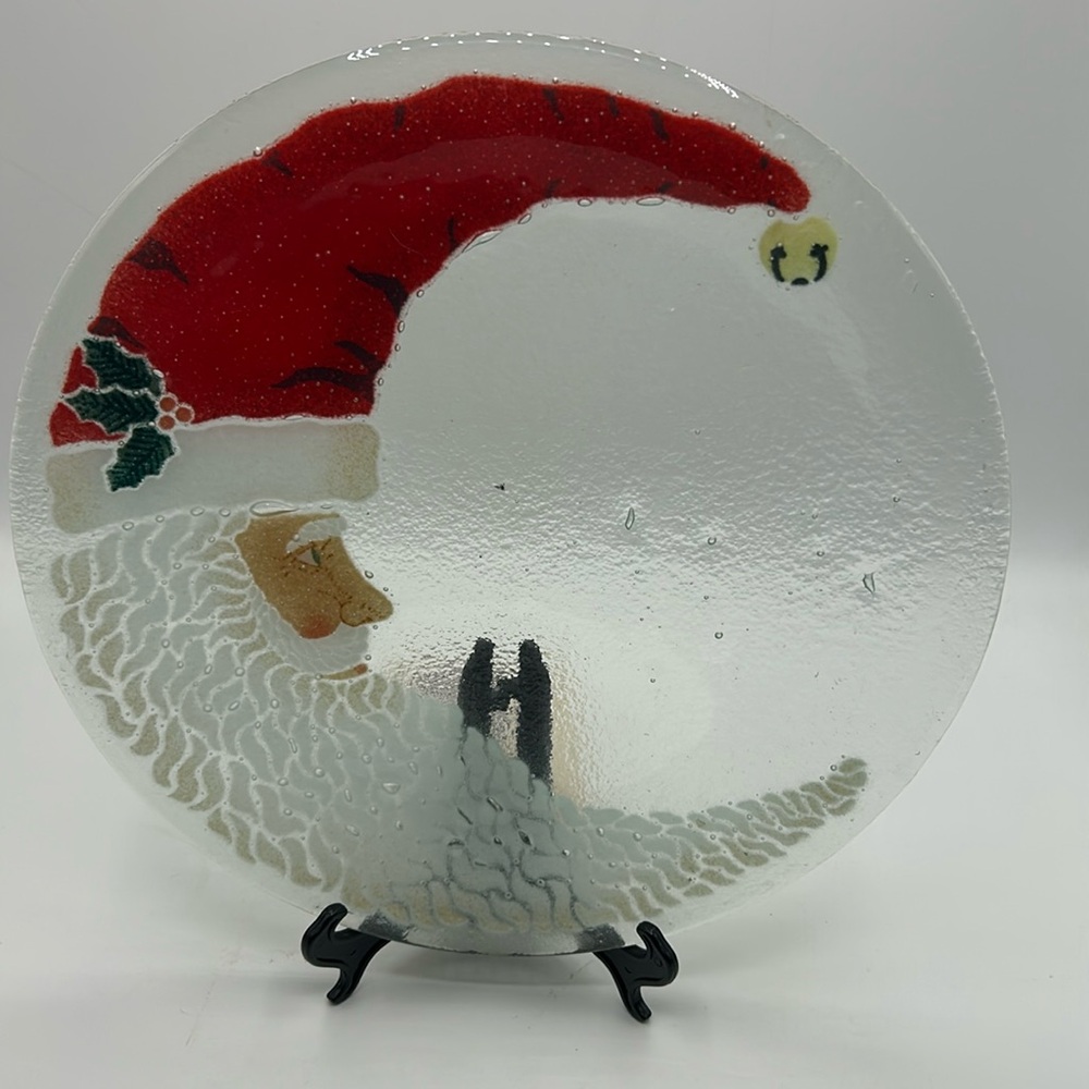 Peggy Karr Crescent Moon Santa Christmas Plate 11" Fused Glass Retired
